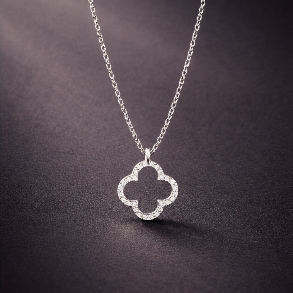 Sterling Silver Clover Pendant Necklace with CZ Stones - Women Jewelry
